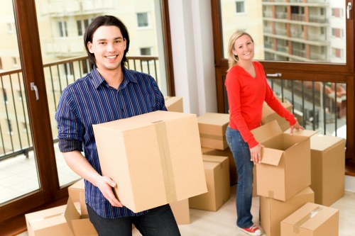 Professional movers carrying household items through a residential property